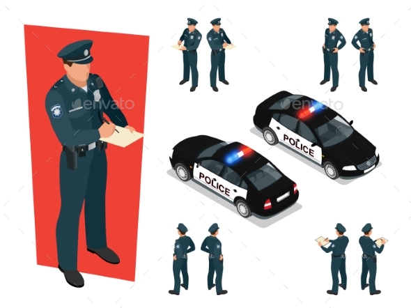 Isometric Police-officer in Uniform and Police Car