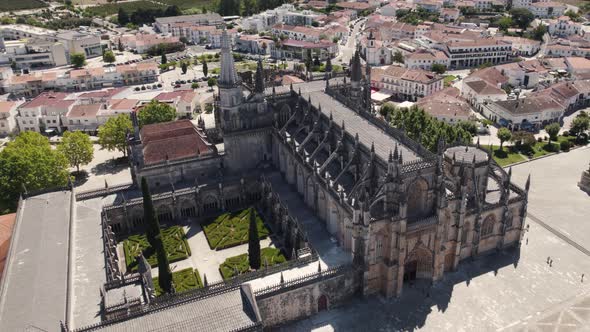 Inner courtyard of the Batalha monastery in Portugal. Gothic style Unesco landmark. Aerial view