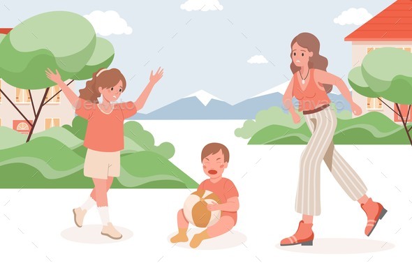Mother and Girl Run To Crying Baby Vector Flat
