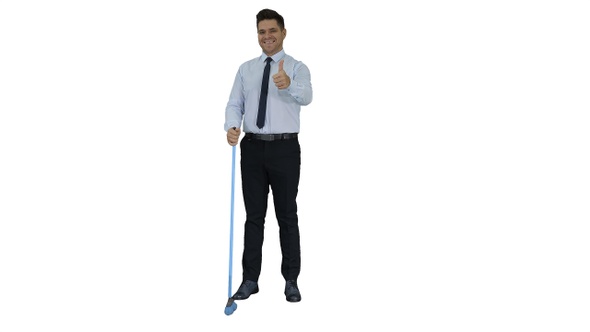 Man with thumb up holding broom in formal clothes or business