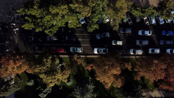 Drone's Eye View: Aerial City Traffic, Top Down View of Freeway Busy City Rush Hour Traffic Jam