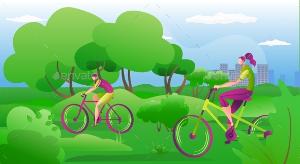 People Ride on Bikes Outdoors in Summer, Vector