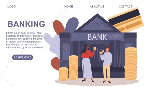 Banking Web Page Template with Multiracial Couple