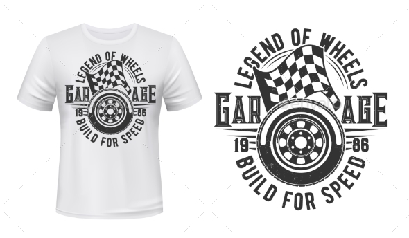 Car Wheel, Racing Checkered Flag T-shirt Print