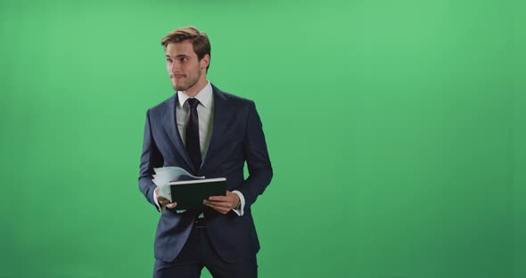 Businessman in a Suit Enters the Frame and Leaves the Field of View, Man Throws Paper Documents in