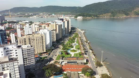 Stunning landscape of coast city of Santos Sao Paulo Brazil. Popular beach.