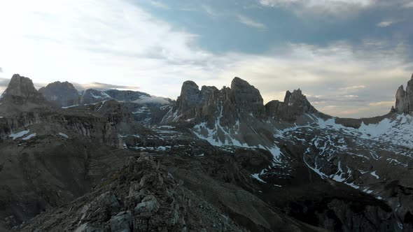 Drone Flying over Dolomites Mountains in Italy South Tyrol at Sunrise