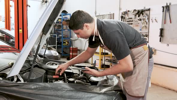 A professional mechanic inspects a car engine for faults or defects in a professional garage.