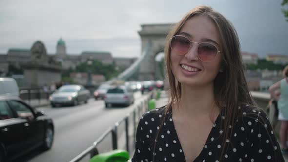 Funny Girl in Chain Bridge in Budapest Hungary