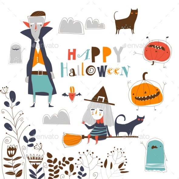Set of Halloween Characters on White
