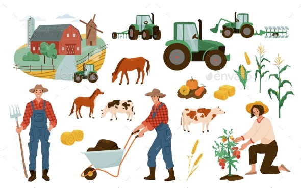 Farm Illustrations Vector Set Farmers Working