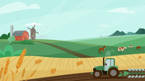 Farm Landscape Vector Illustration with Green