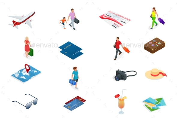 Isometric Tourism and Booking App Iconcs. Travel