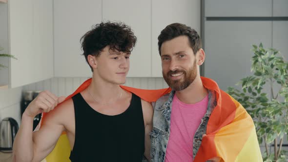 Portrait of Handsome Man Gay Family Holding Lgbt Flag and Smile