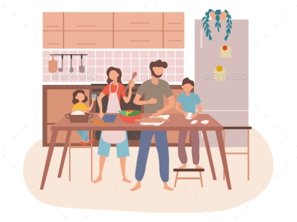 Young Family Preparing Food Together in a Kitchen