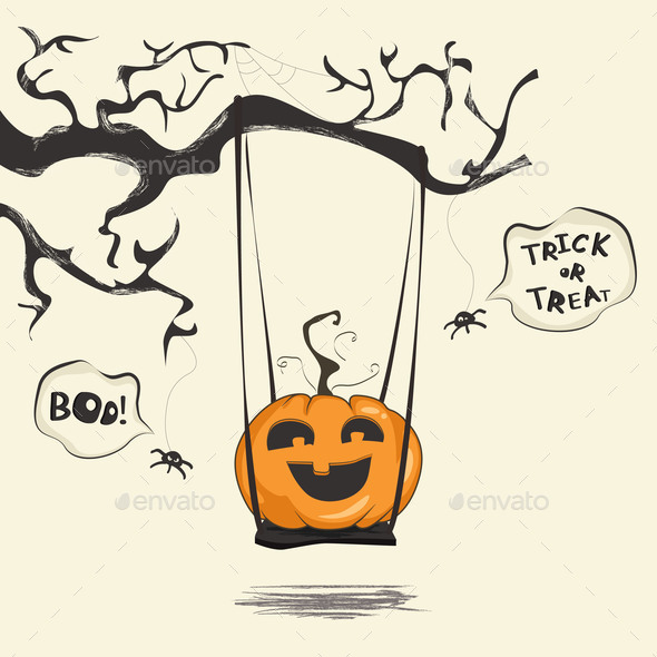 Happy Halloween Pumpkin Swinging Under a Tree