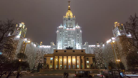 The Main Building Of Moscow State University On Sparrow Hills At Winter Timelapse Hyperlapse at