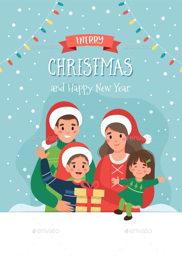 Christmas Card with Happy Family and Lettering
