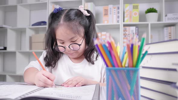 Asian girl wearing glasses is doing homework for school at the white deck