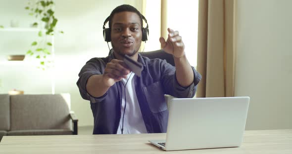 Portrait Happy Guy Afro American Business Man or Student Sitting at Table in Office Room at Home