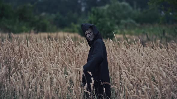 Scary black figure on a wheat field. Terrible ghost in dark mantle with hood looking at camera