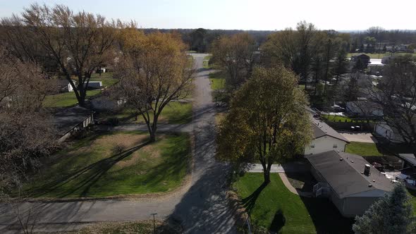 aerial view over a nice neighborhood in mchenry illinois on a sunny afternoon