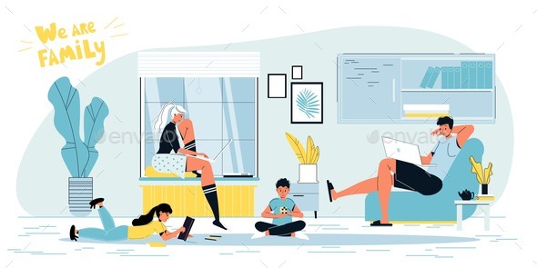 Happy Freelancer Parents Working and Children Playing