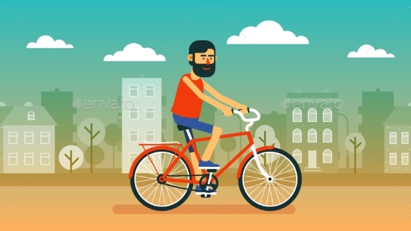 Bearded Positive Cyclist on a Red Bicycle Rides