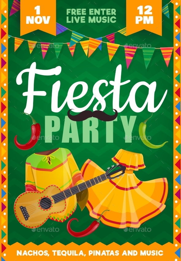 Fiesta Party Vector Flyer with Mexican Costumes