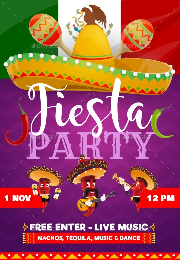 Fiesta Party Vector Flyer with Mariachi Peppers