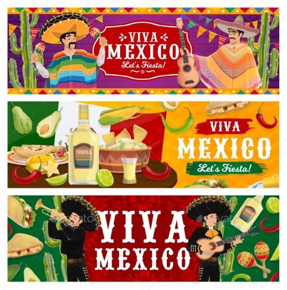 Viva Mexico, Fiesta Party Vector Banners Set.