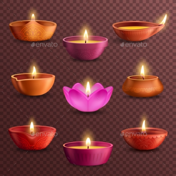 Diwali Diya Lamps on Transparent Background