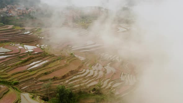 Aerial of the rice fields and villages of Yuanyang County China