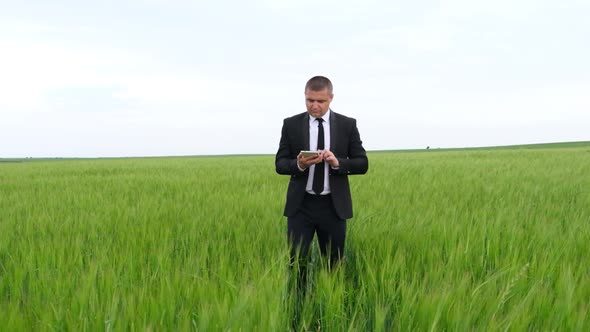 Business farmer standing on a young wheat field holding a tablet and studying the harvest.