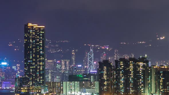 Top View of Hong Kong at Night Aerial View From Kowloon Bay Downtown Timelapse