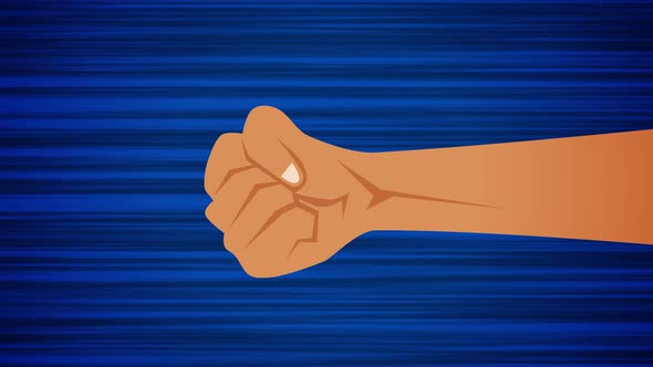 Flying fist on blue background. Looped animation of punching fist. Anime style moving arm alt