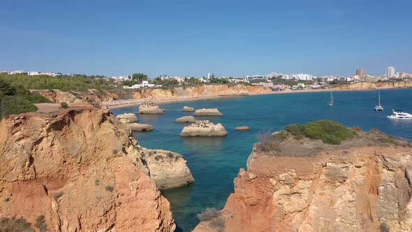 Delightful Aerial View of Portuguese Rocky Beaches Near the City of Portimao