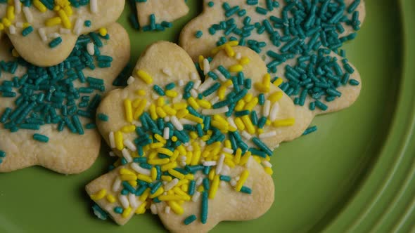 Cinematic, Rotating Shot of Saint Patty's Day Cookies on a Plate 