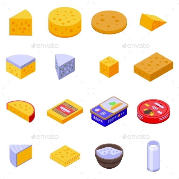 Cheese Icons Set, Isometric Style