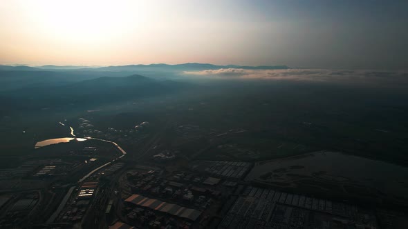 Morning mist and sunrise above Koper, Capodistria in Slovenia, Aerial view