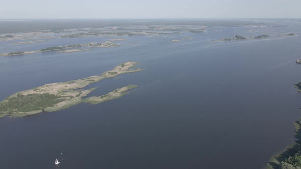 Nature of Ukraine: Dnipro River. Aerial View. Slow Motion, Flat, Gray