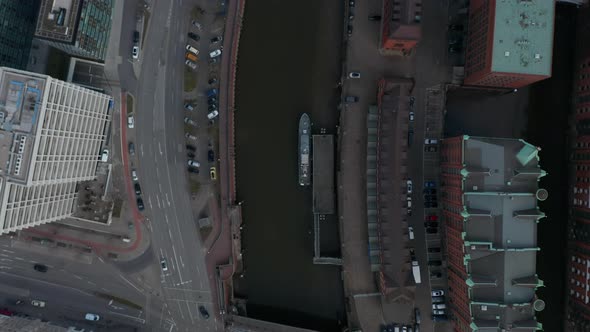 Overhead Top Down Aerial View of Cars and Traffic By Elbe River Canal in Hamburg City Center