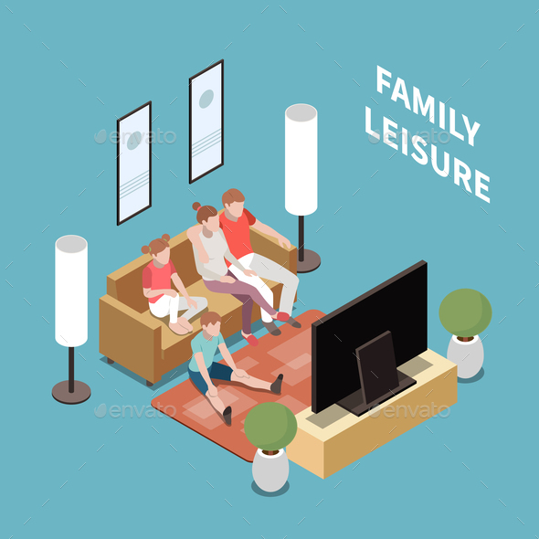 Family Leisure Playing Isometric People Composition