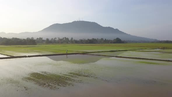 Fisherman walk with hoe in field