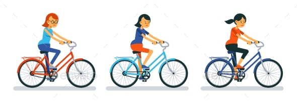 Girl on Bike. Woman Cyclist on Bicycle Cartoon
