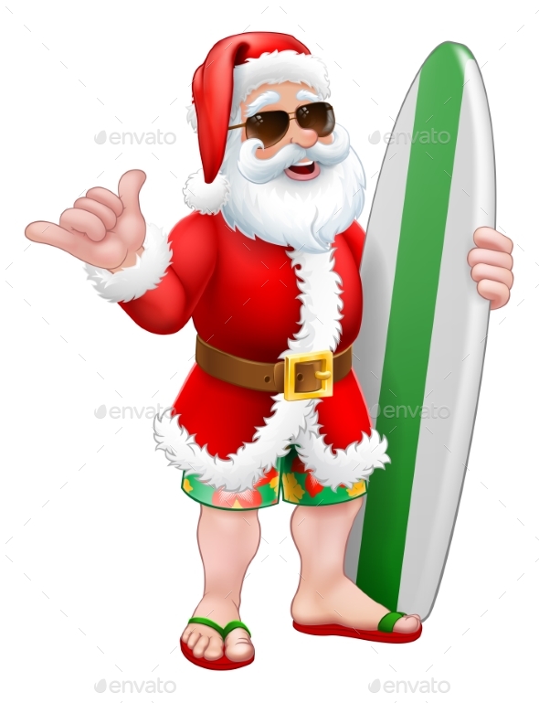 Santa Surf Shaka Shades Surfboard Cartoon