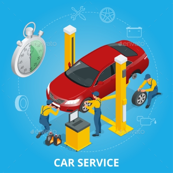 Car Repair Service Center. Tire Service Flat Set