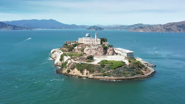 Close Up Alcatraz Island  Aerial Historic Building Surrounded By Pacific Ocean