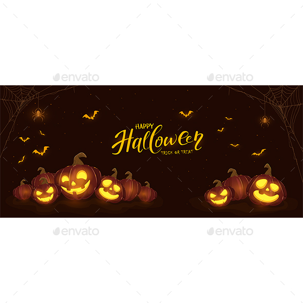 Halloween Banner with Pumpkins and Spiders on Black Background