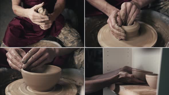 Collage Multi Camera of Hands of the Master Craftsman Potter and Vase of Clay on the Potter's Wheel